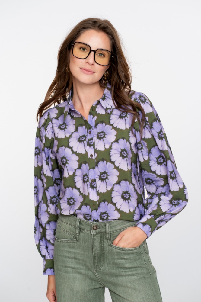 BLOUSE MET BLOEMENPRINT EN BALLONMOUWEN 53609 20 000380 PURPLE/GREEN